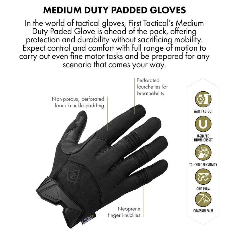 First Tactical Men's Medium Duty Padded Gloves, Black, Medium
