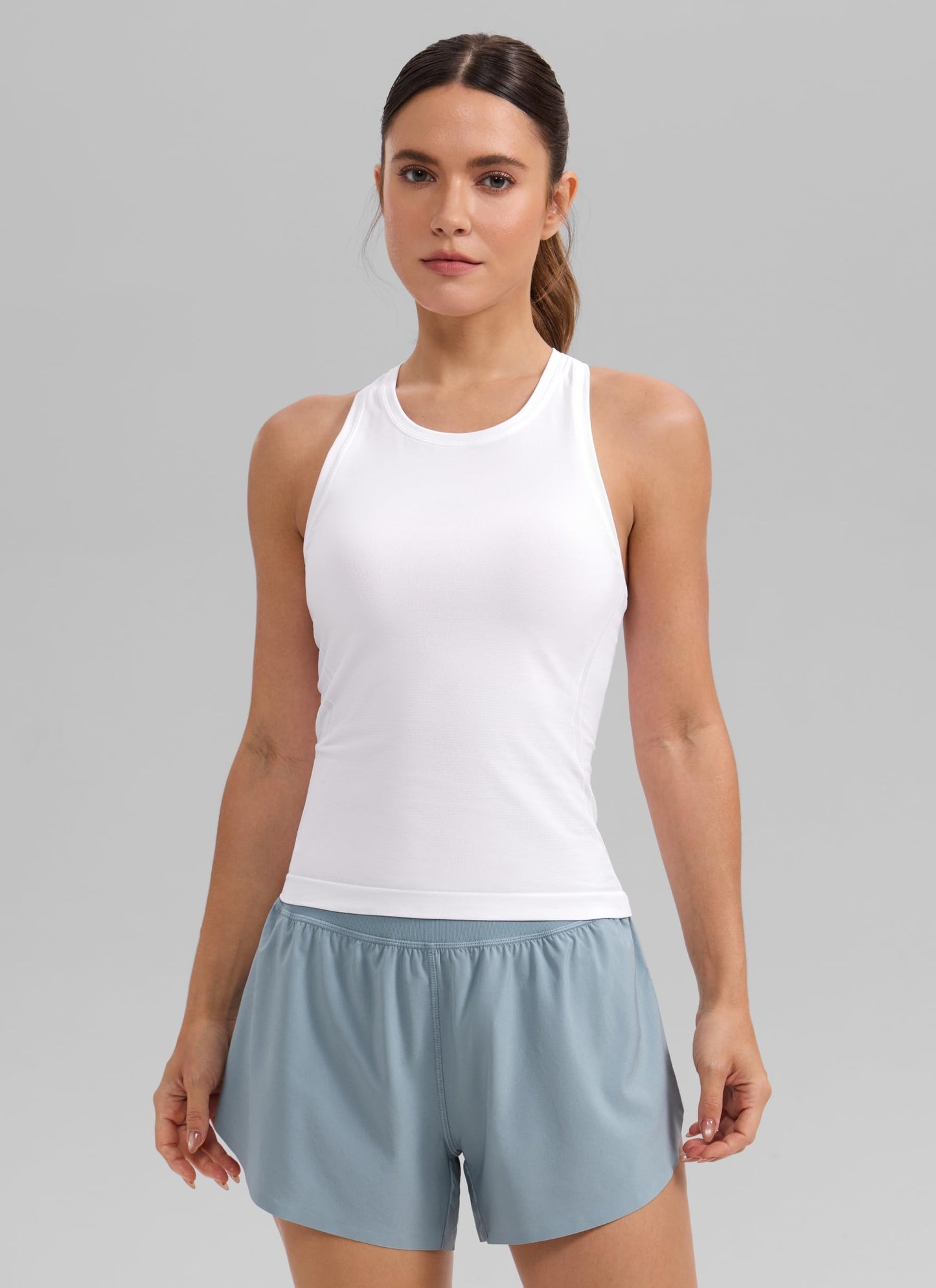 CRZ YOGA Seamless Workout Tank Tops for Women - Athletic Running Gym Sleeveless Shirts Crewneck Racerback Breathable White X-Small