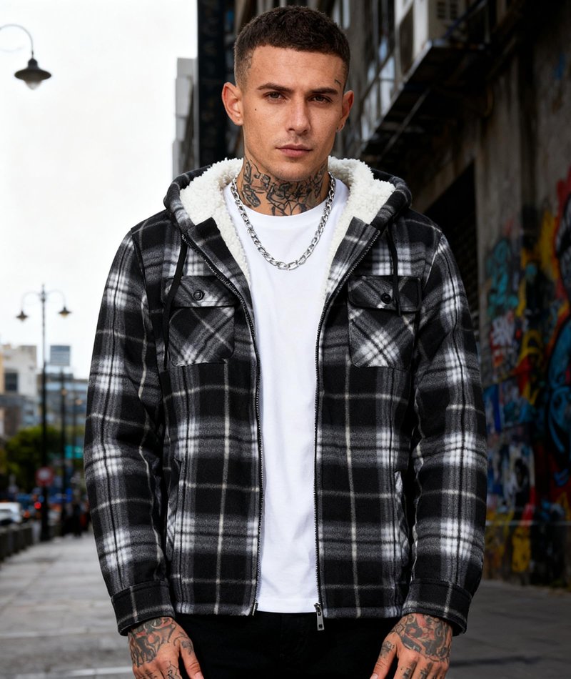 WENTTUO Winter Jacket for Men Fleece Plaid Hoodie Long Sleeve Winter Warm Coat
