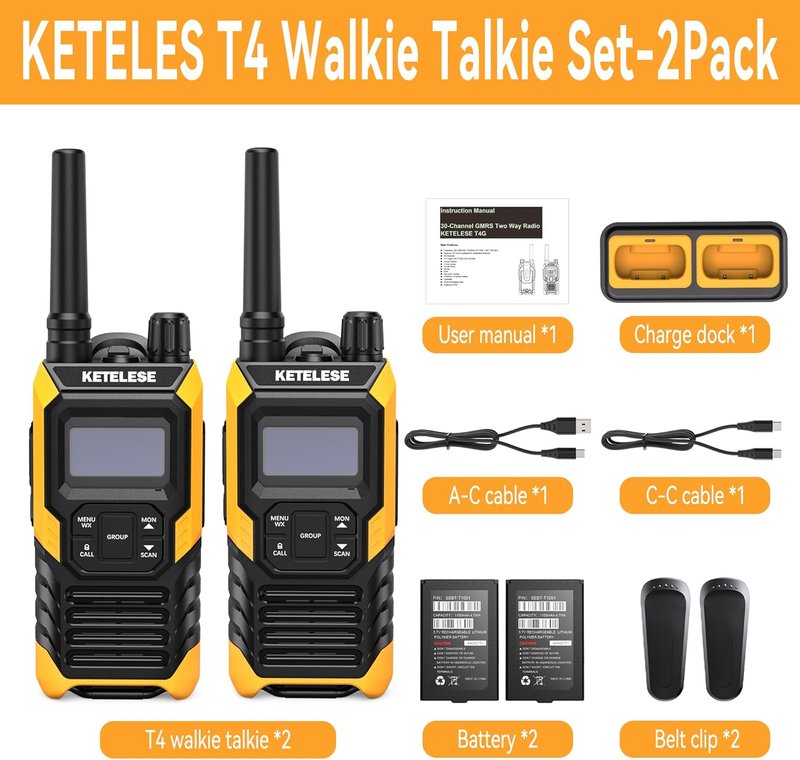 KETELESE T4 Walkie Talkie - IP67 Waterproof Two-Way Radio with Type-C Rechargeable Battery | 2-Pack, Orange