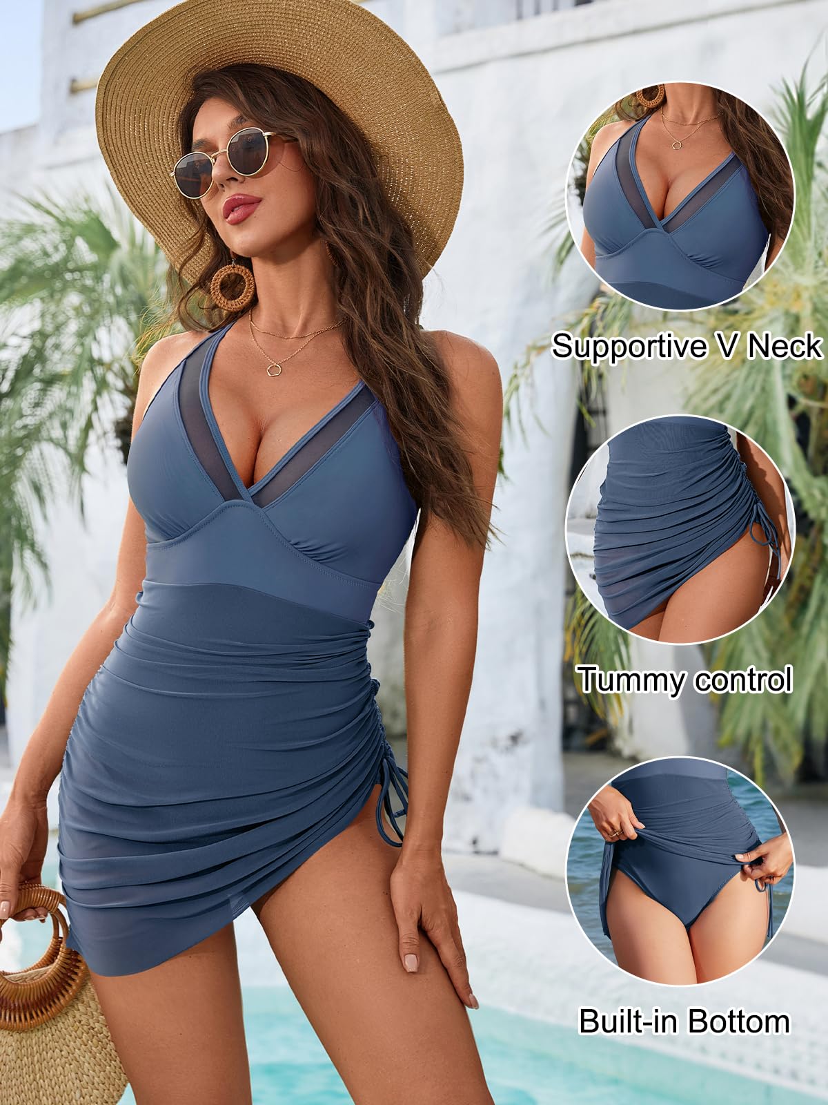 Blooming Jelly Women One Piece Swim Dress Tummy Control Swimsuits Slimming Sarong Wraps Bathing Suit (M, Haze Blue)
