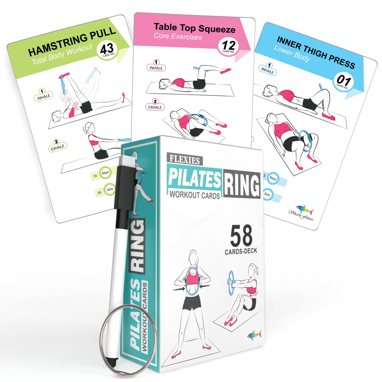 Flexies Pilates Ring Workout Cards -58 Exercise ring Card with Pilates circle Work Out Posture, Instruction & Breathing Tips | Free Dry-Erase Marker & Binding ring|Pilates Equipment Thigh Master guide