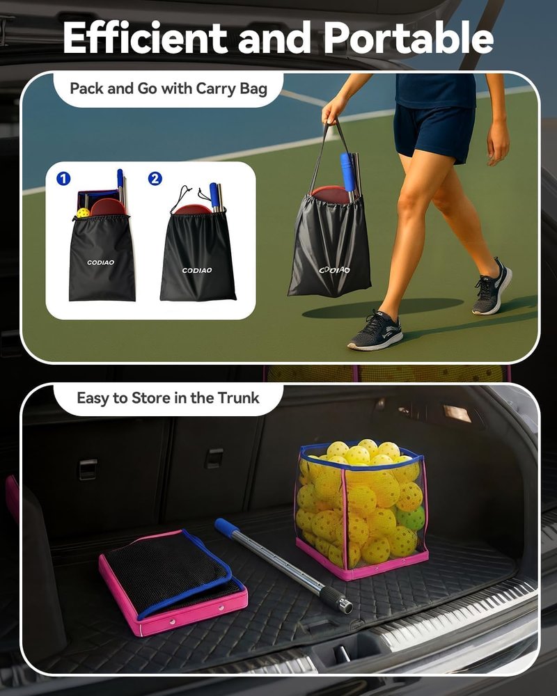 CODIAO Pickleball Picker Upper 40+ Ball Capacity Hopper Holder, Foldable Basket with Telescopic Stainless Steel Handle, Quick Pickup No Bending Ball Retriever Collector, Portable for Court Training
