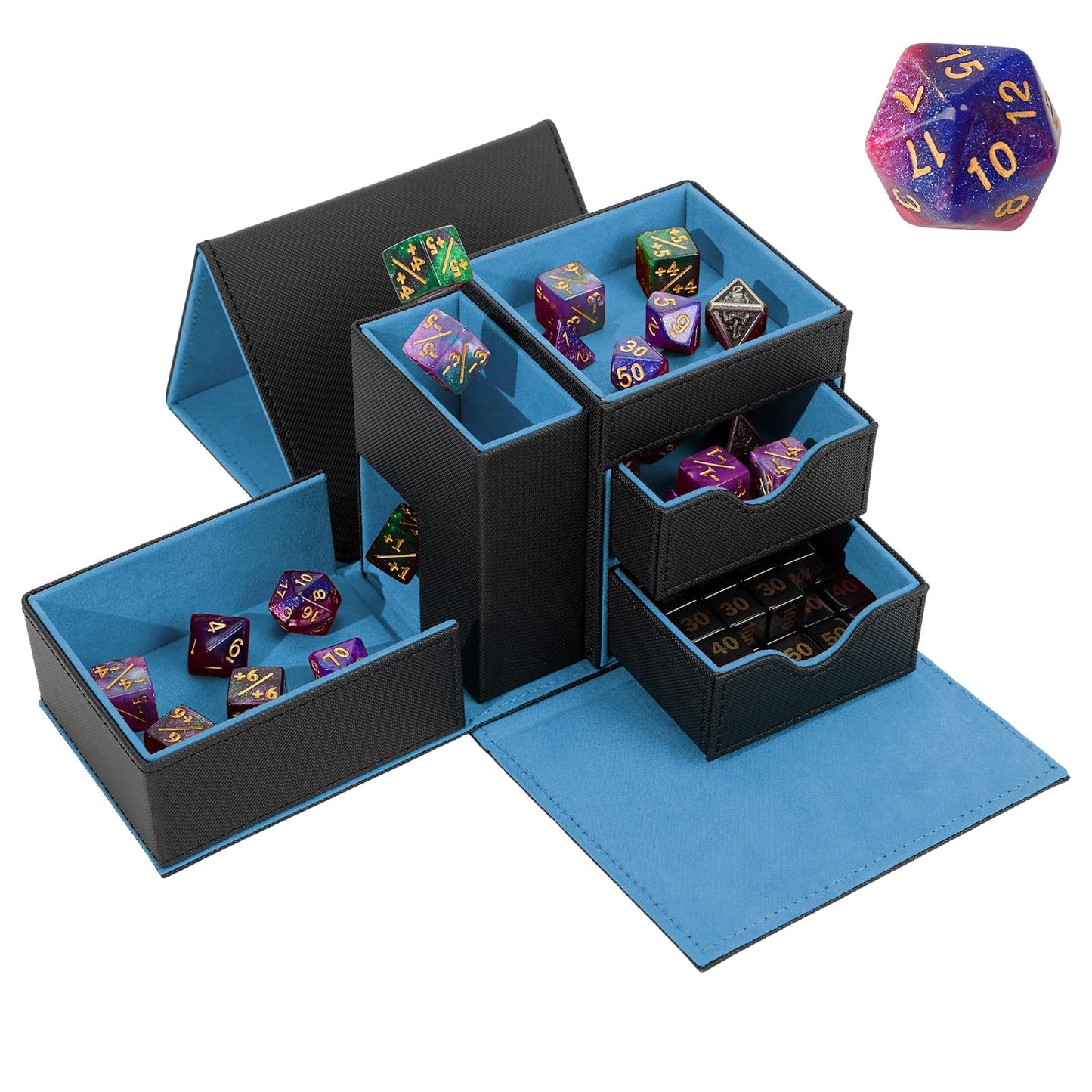 Dice Tray & Dice Tower Storage Box, 3 in 1 Dice Holder Case (Dice Rolling Tray, Dice Rolling Tower, Dice Storage Drawers), Leather Magnetic Closure DND Accessories Gifts for RPG MTG, Black/Blue