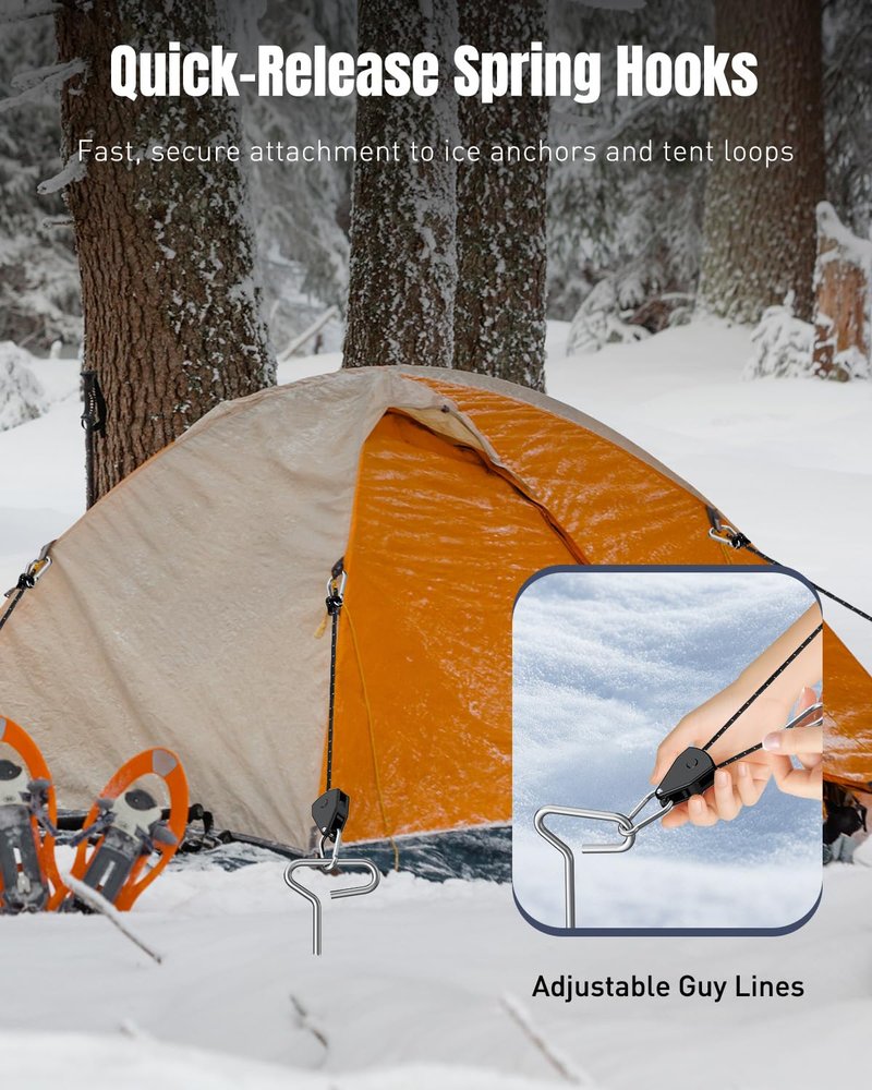 Pawfly 10 Pcs Ice Anchor Tool Kit with Ice Screw Anchors, Tent Guylines, Ice Anchor Drill Adapter & Ice Anchor Drill Attachment, Outdoor Tent Fixing Kit for Winter Camping & Ice Fishing Shelter