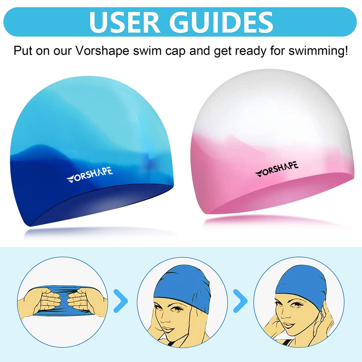 Swim Cap Kids (2 Pack), Durable Waterproof Swimming Cap for Girls Boys Teens Toddler Aged 3-12, Comfortable Fit for Long Hair and Short Hair