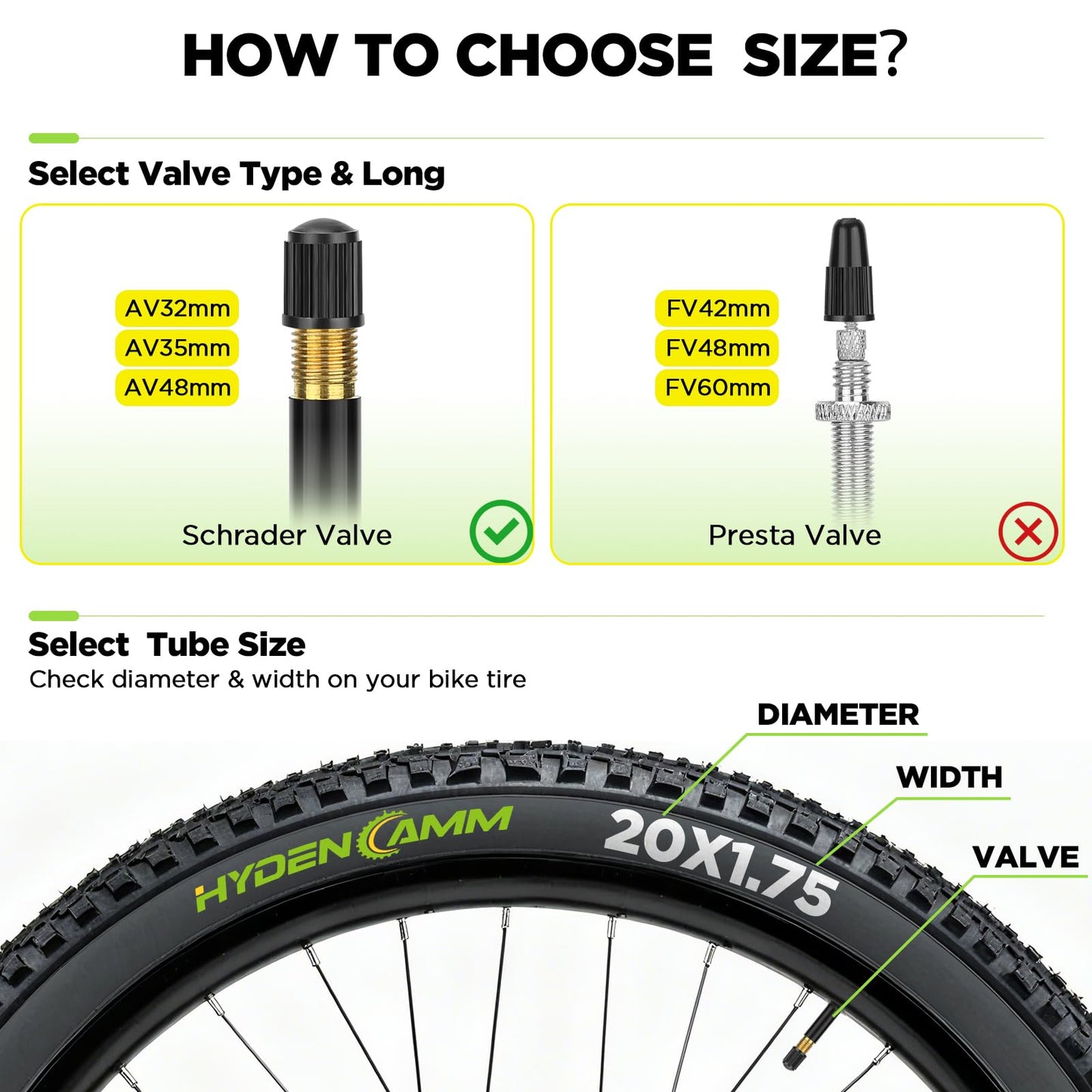 Hydencamm 2 Pack 20x1.75/2.125 Bike Tube, 20x1.75 20x1.95 20x2.10 20x2.125 with 35mm Schrader Valve, Butyl 20x1.95 Bike Tube with 2PCS Levers, Compatible with MTB and Cruisers, City Bikes, Road Bikes