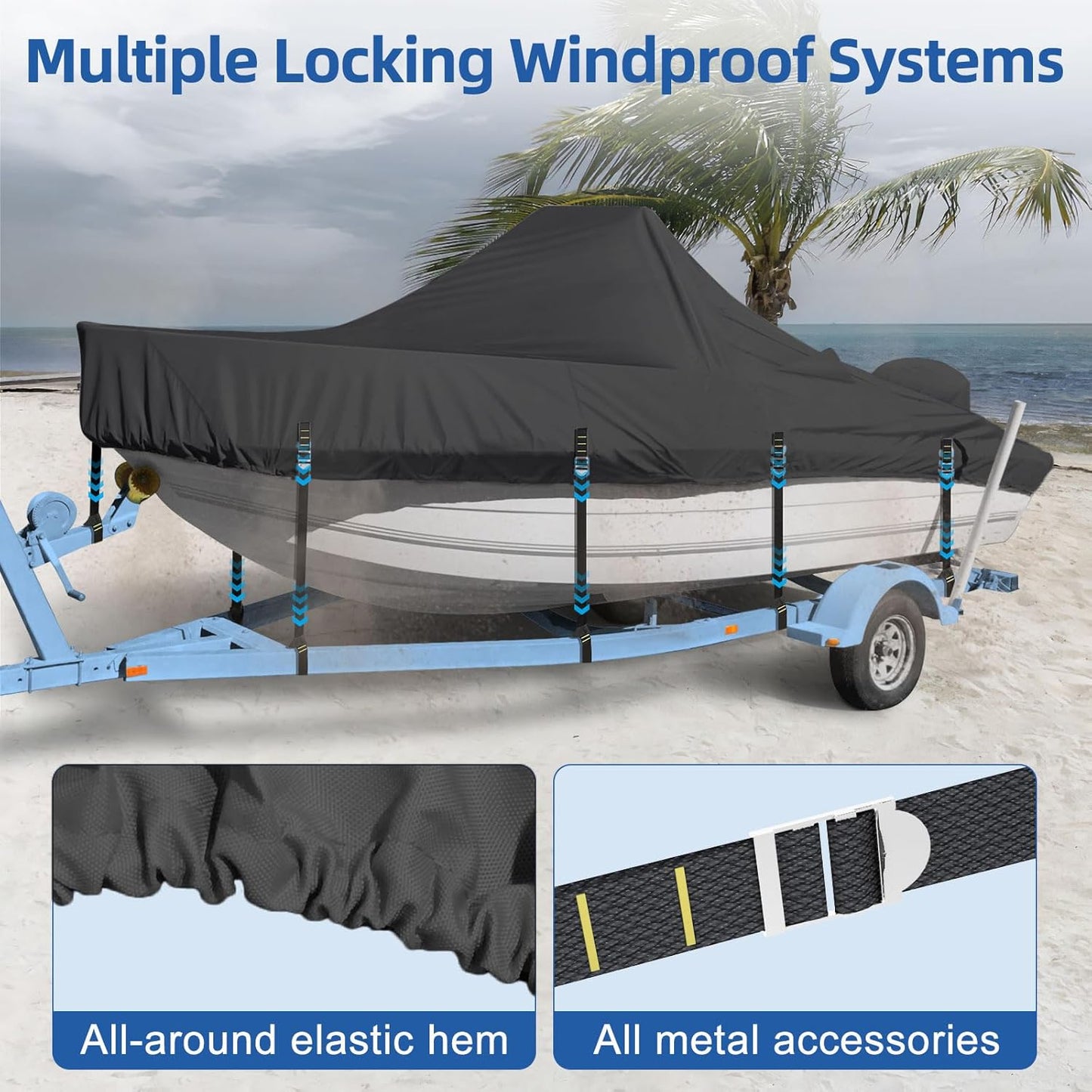 Heavy Duty Center Console Boat Cover - Waterproof 900D Fabric, Fits 16-18.5 FT | Black with Motor Cover & Adjustable Buckle