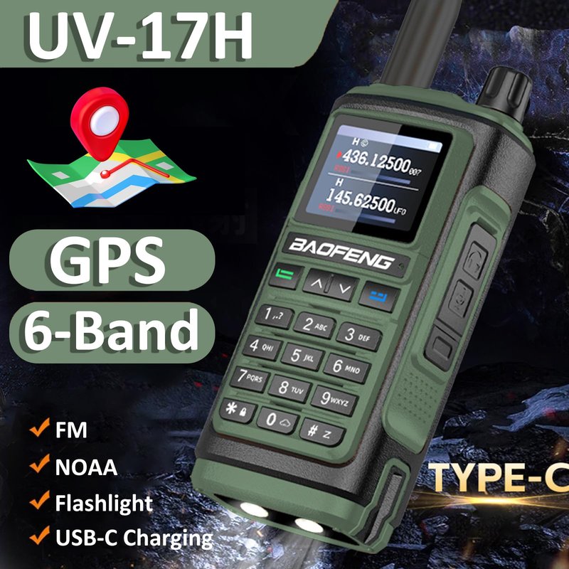 BAOFENG UV-17H GPS Two Way Radio Type-C Charging High Power Radio UV-17 Pro Max GPS 1.77in LCD Screen Rechargable Ham Radio (Green)