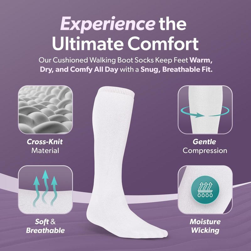 BraceAbility Walking Boot Sock Liners – (1 Pair) Replacement Medical Tube Socks for Under Orthopedic, Air CAM Walkers, Fracture Boots, and Surgical Foot Cast Shoes for Men or Women (Tall White)