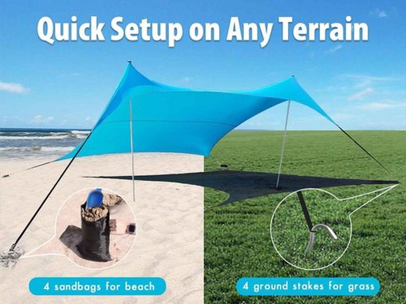 BESTSET 10×10ft UPF50+ Beach Tent Sun Shelter, Windproof Stable Outdoor Pop Up Beach Shade Canopy for Camping, Fishing, Backyard Fun or Picnics, 2 Poles