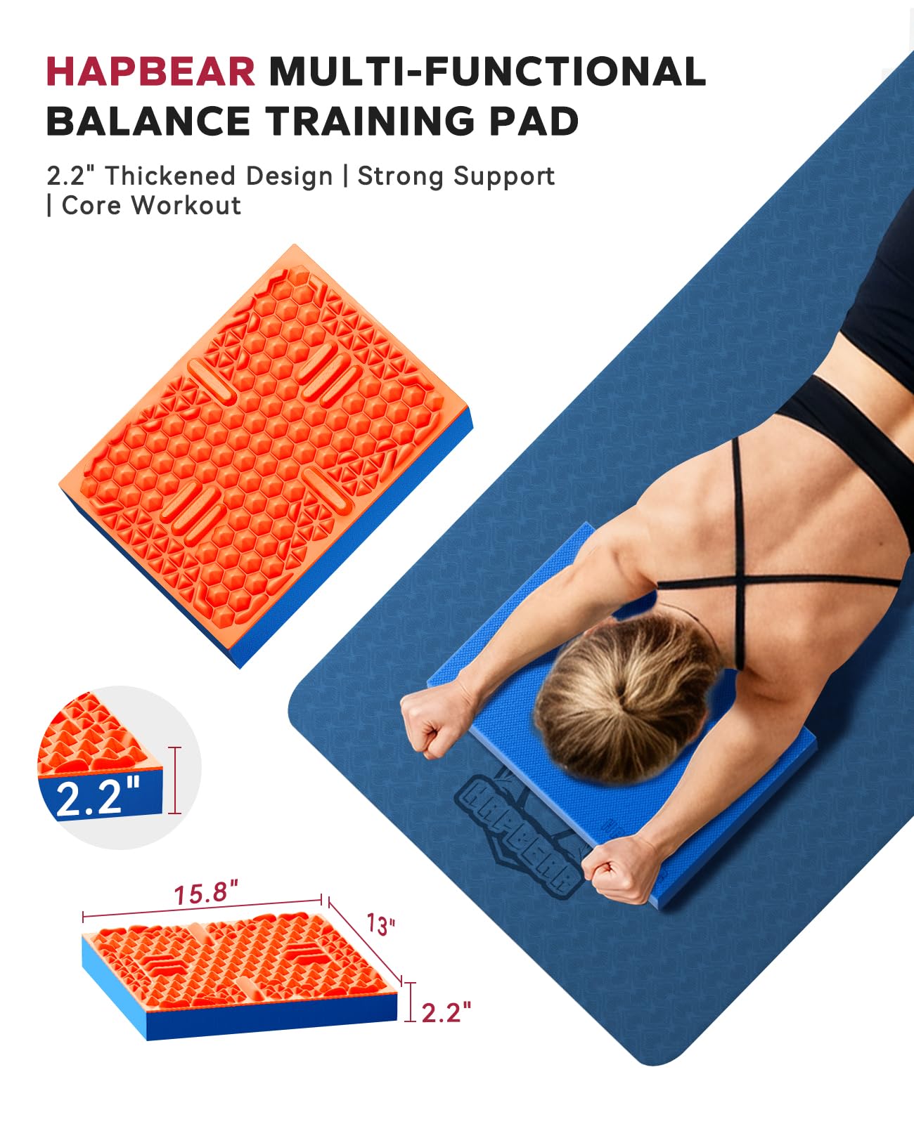 HAPBEAR Exercise Balance Pad - 15"x12" Non-Slip Textured Foam Balance Pad with 2-in-1 Stability & Massage - 2.2" Thick TPE Layer with Soft Cushioning + EVA Massage Layer for Physical Therapy, Core Training & Massage