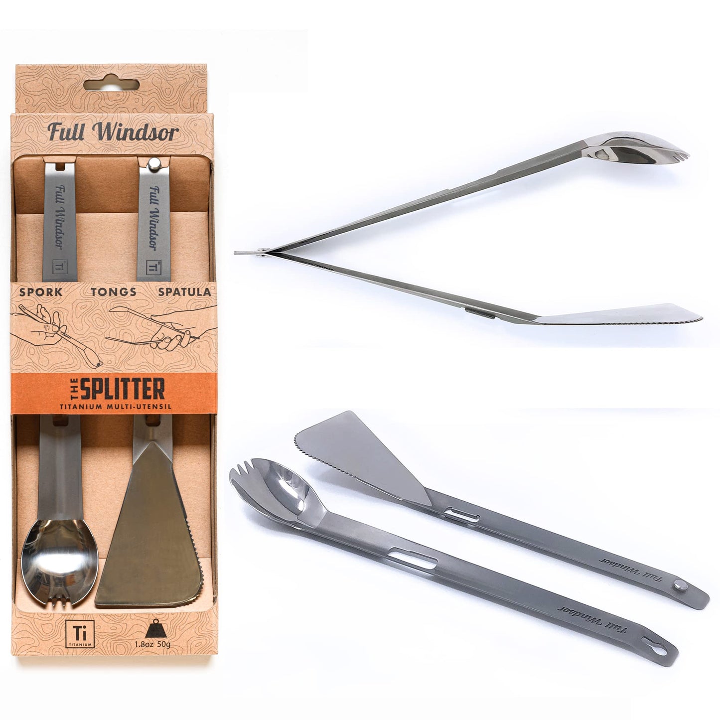 THE SPLITTER Titanium Tongs, Spork and Spatula from Full Windsor - Portable Lightweight Metal Multi Utensil for Camp Kitchen, Backpacking, Travel, Outdoor Cooking, Camping Cookware, No Mess Eating Set