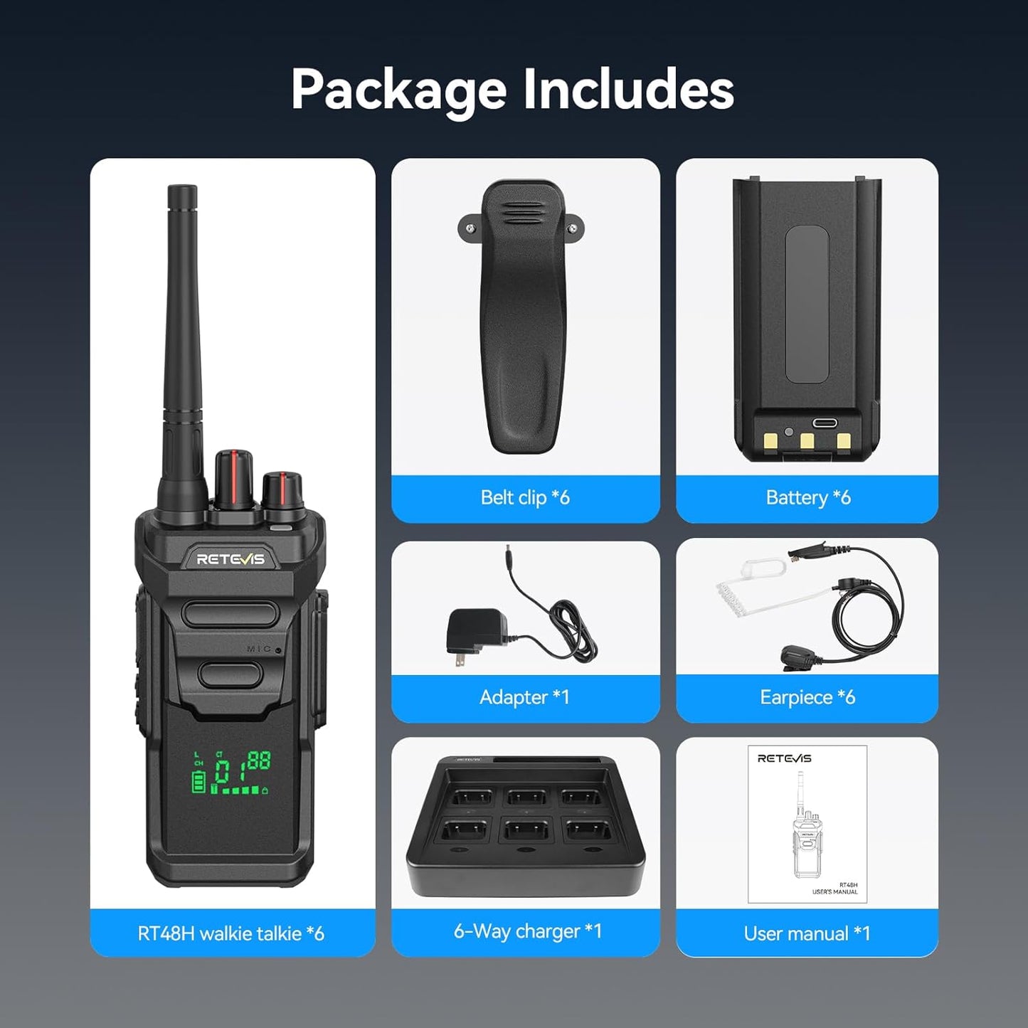 Retevis RT48H Waterproof Walkie Talkies - Rugged Long Range 2-Way Radio with Earpiece | 6-Pack