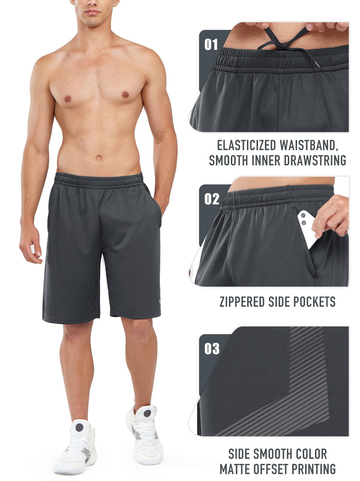 NORTHYARD Men's 10" Athletic Basketball Shorts with Zipper Pockets Quick Dry Lightweight Running Workout Mesh Gym Shorts Darkgrey M