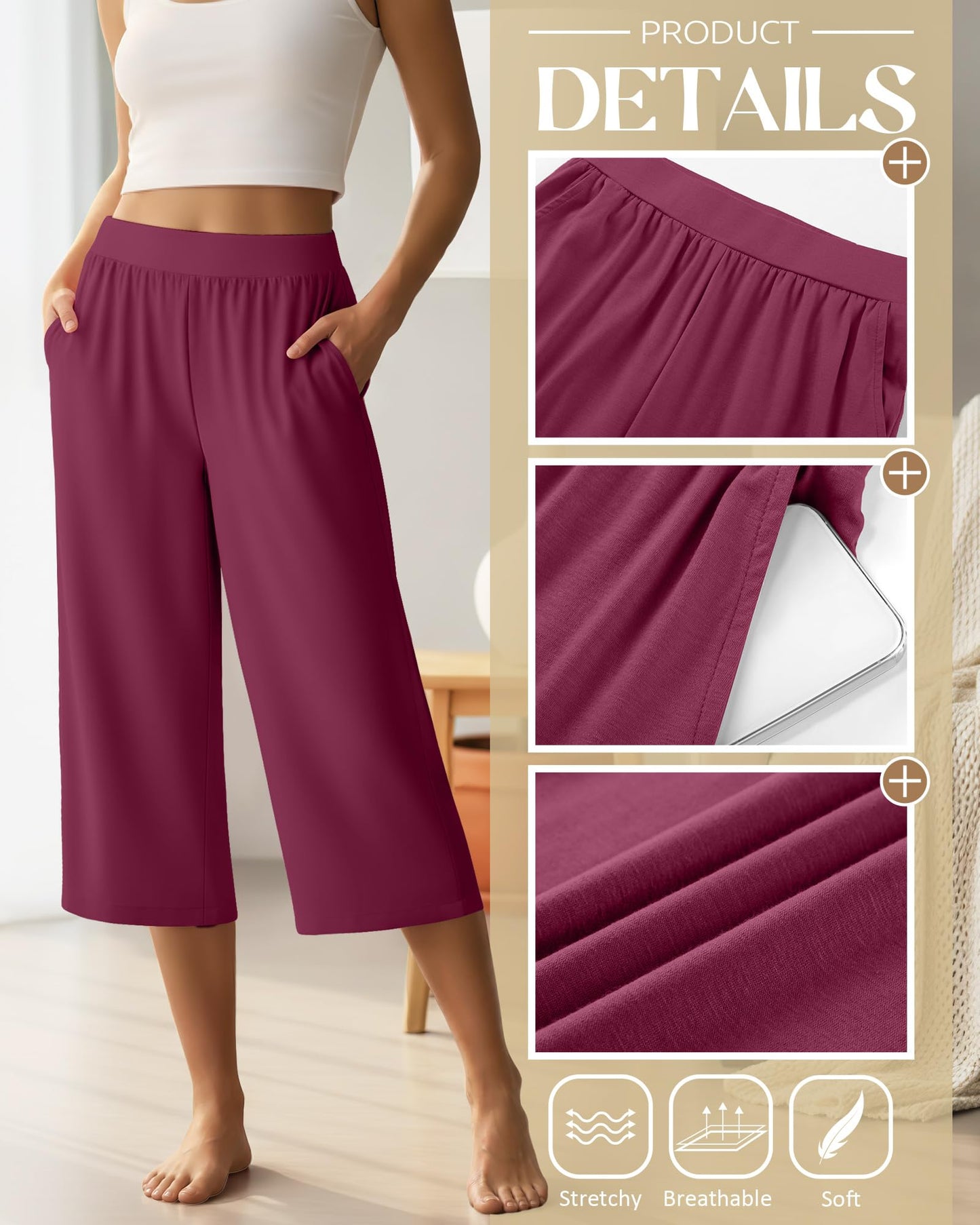 Neer 4 Pack Women's Capri Pants Wide Leg Capris Yoga Sweatpants Lounge Loose Fit High Waist Workout Cropped Pants with Pocket(Black, Heather Gray, Dark Blue, Fuchsia,Large)