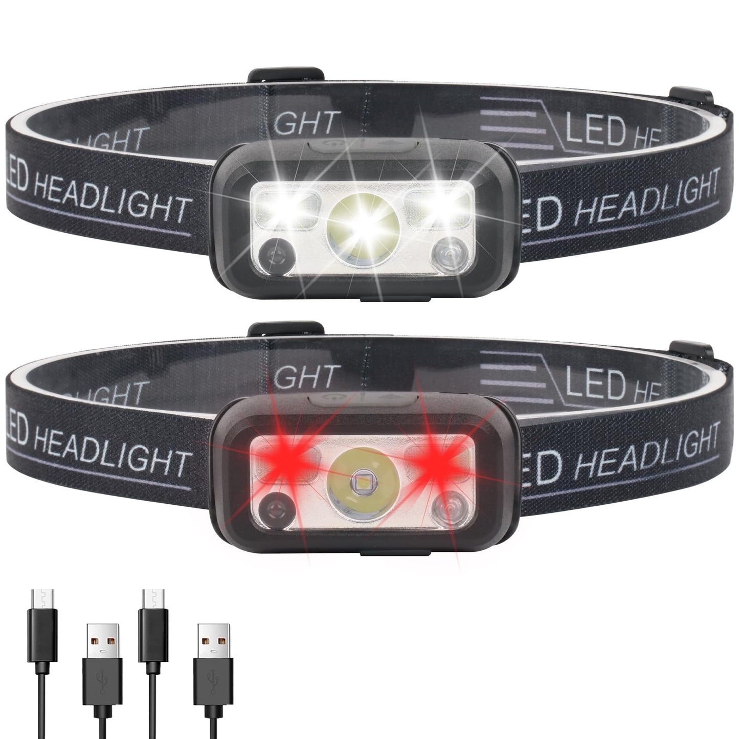 Hilngav Headlamp Rechargeable, 2 Pack White Red Headlamp Flashlight, Motion Sensor Head Lamp Flashlight, 8 Mode for Outdoor Camping Running Cycling (2 Pack)