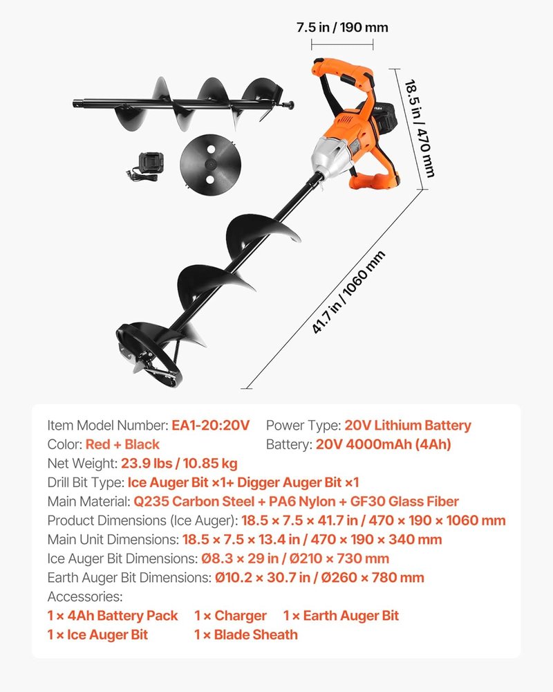VEVOR Electric Ice Auger - 8 Inch Diameter, 20V/40V Battery Powered, Turbo Cutting System | 2-in-1 Ice Fishing & Earth Auger