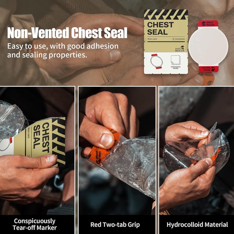RHINO RESCUE Chest Seal - Non-Vented Sterile Trauma Dressing for Gunshot Wounds | 6 Count