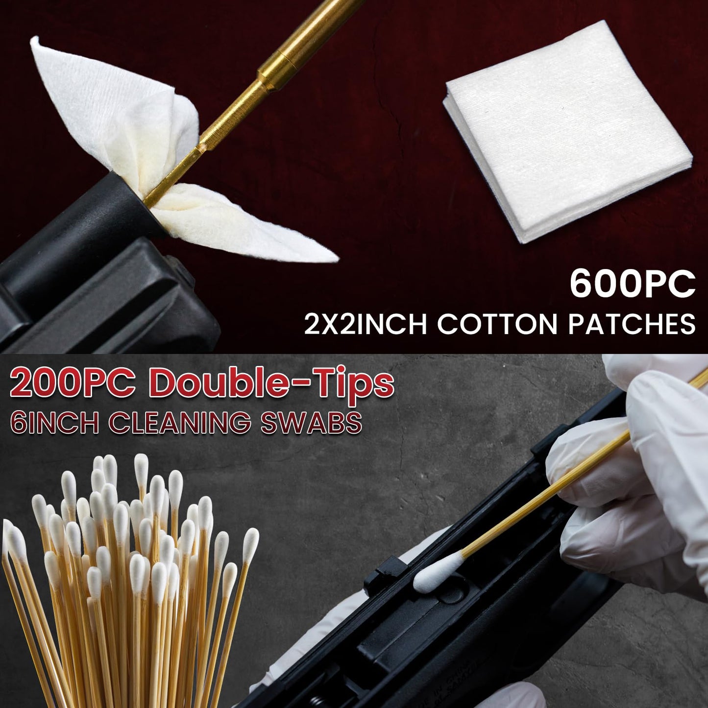 800PCS Gun Cleaning Suppliess- 600PCS Gun Cleaning Patches 2'' Lint Free and 200PCS (400 Tips) Cotton Swabs 6" Long Double Ended for Most Calibers Clean and Maintenance