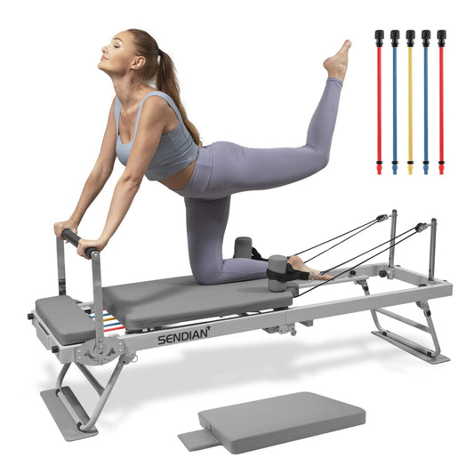 SENDIAN Foldable Pilates Equipment for Home Workouts, Pilates Reformer Machine for Home and Gym, Pilates Exercise Equipment with Jump Board, Additional 5 Color Cords (Gray)