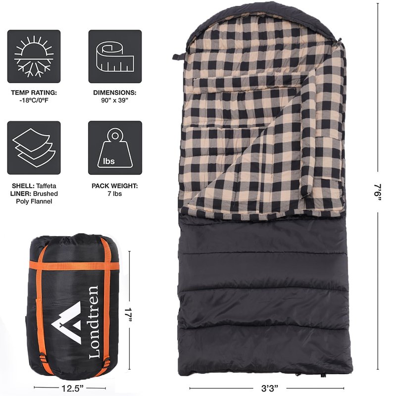 Londtren Large 0 Degree Sleeping Bags for Adults Cold Weather Sleeping Bag Camping Winter Below Zero 20 15 Flannel Big and Tall XXL LeftZip