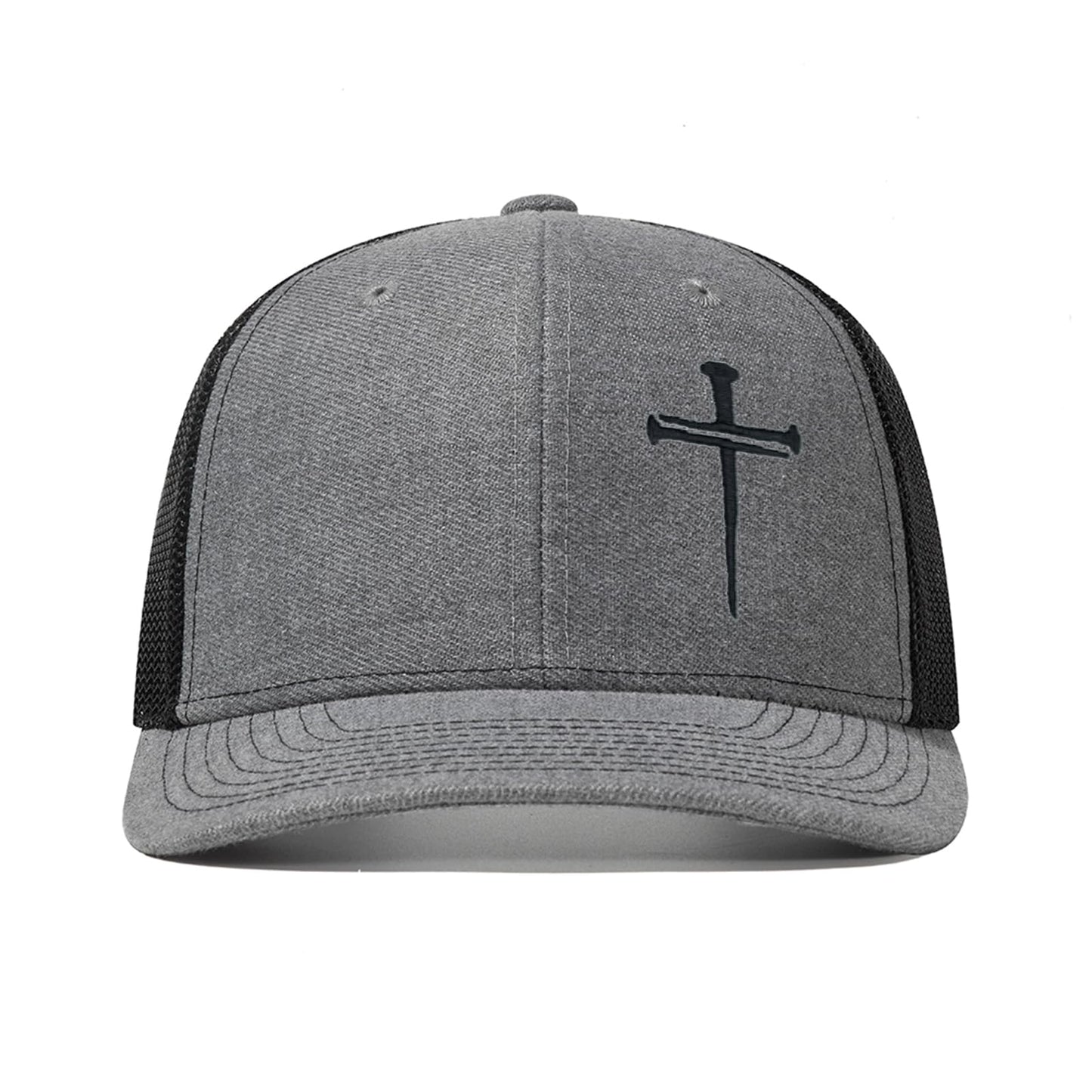 Bukesiyi Christian 3 Nails Cross Trucker Hats for Men Women,Faith Three Nail Cross Gift Baseball Cap with Embroidered Adjustable Snapback for Dad Mom,Mesh Grey Black