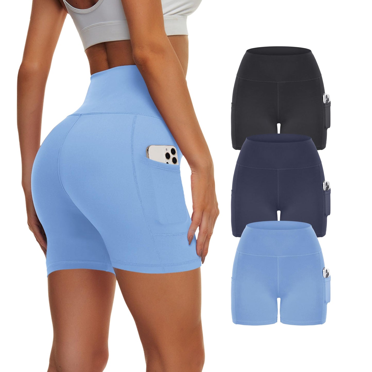 Showitty 3 Pack High Waisted Biker Shorts for Women with Pockets, Tummy Control Yoga Workout Running Gym