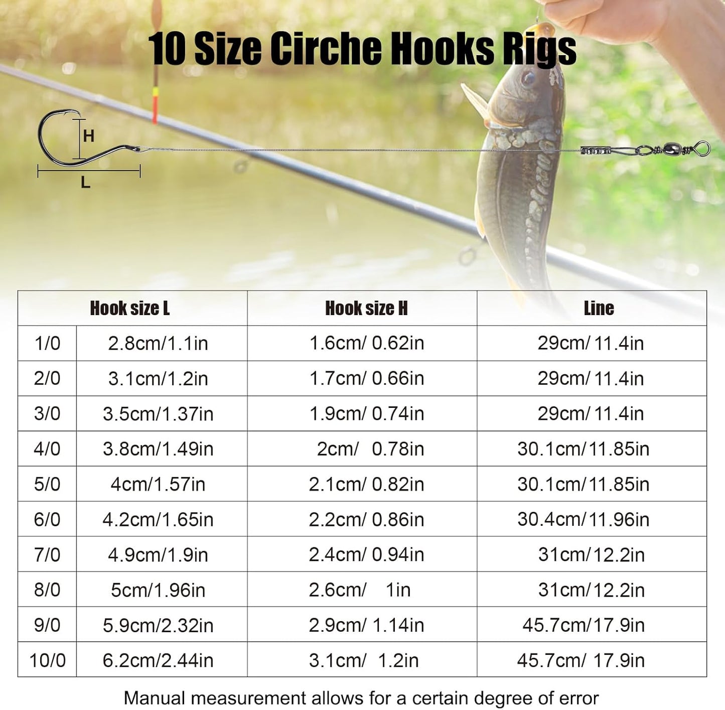 Circle Hooks Rigs - 15pcs Fishing Leader Rigs with Steel Wire | Sizes 1/0 to 10/0 for Bass & Catfish Fishing