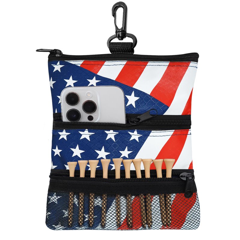 Amy Sport Golf Bag Accessories Valuables Pouch Bags Multi Pocket Zipper Hook with 10 Pcs Wood Golf Tees for Men Women (USA Flag)