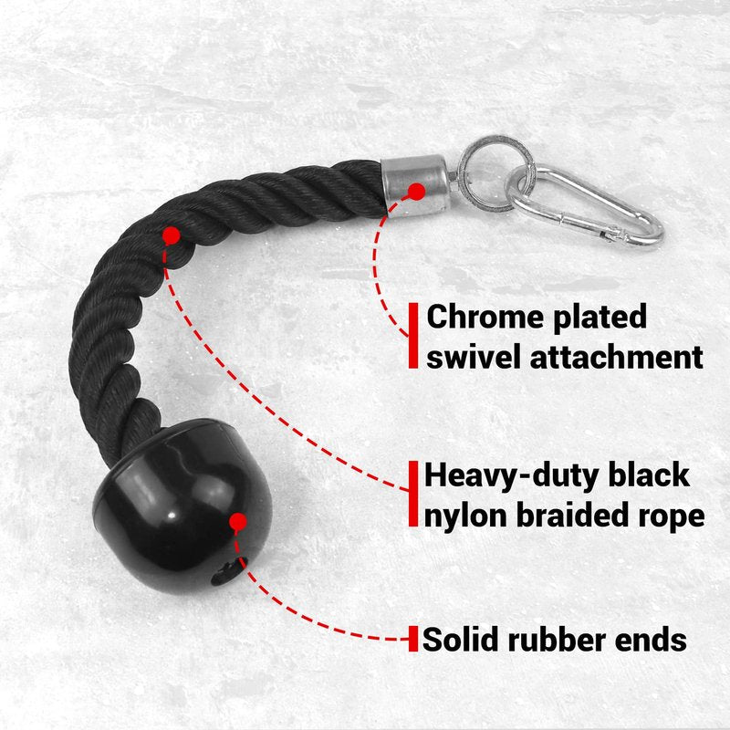 A2ZCARE Tricep Rope Cable Attachment with Snap Hook, Rope Pull Down Attachment Gym Rope Pull Down for LAT Pulldown Machine - 27 & 36 inch with Black & Red (E. 36" Black & Red + Single Tricep Rope)