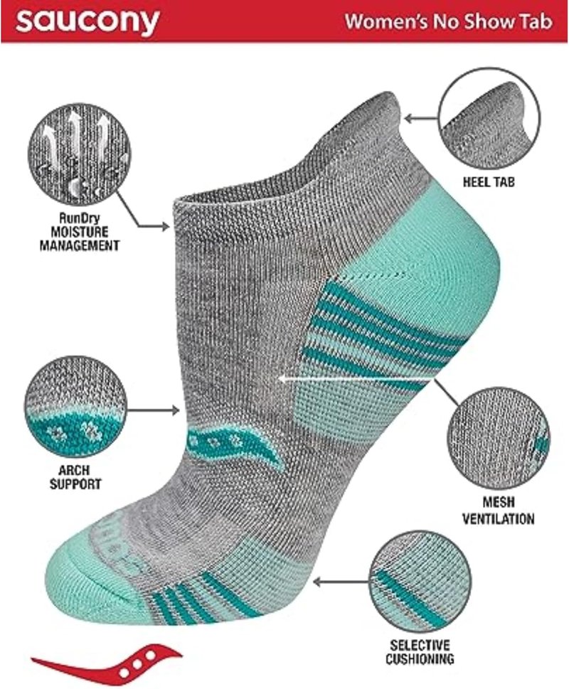 Saucony Women's RunDry Performance Athletic Socks - Heel Tab | Available in S-L (8, 16, 24 Pairs)