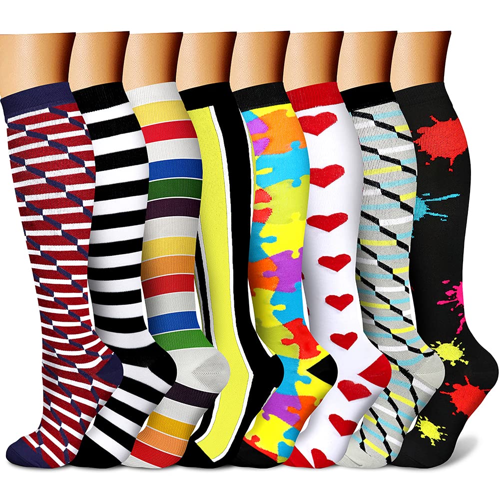 CHARMKING Compression Socks for Women & Men (8 Pairs) 15-20 mmHg Graduated Copper Support Calf Socks are Best for Pregnant, Nurses - Boost Performance, Circulation, Knee High Wide Calf(L/XL,Multi 10)