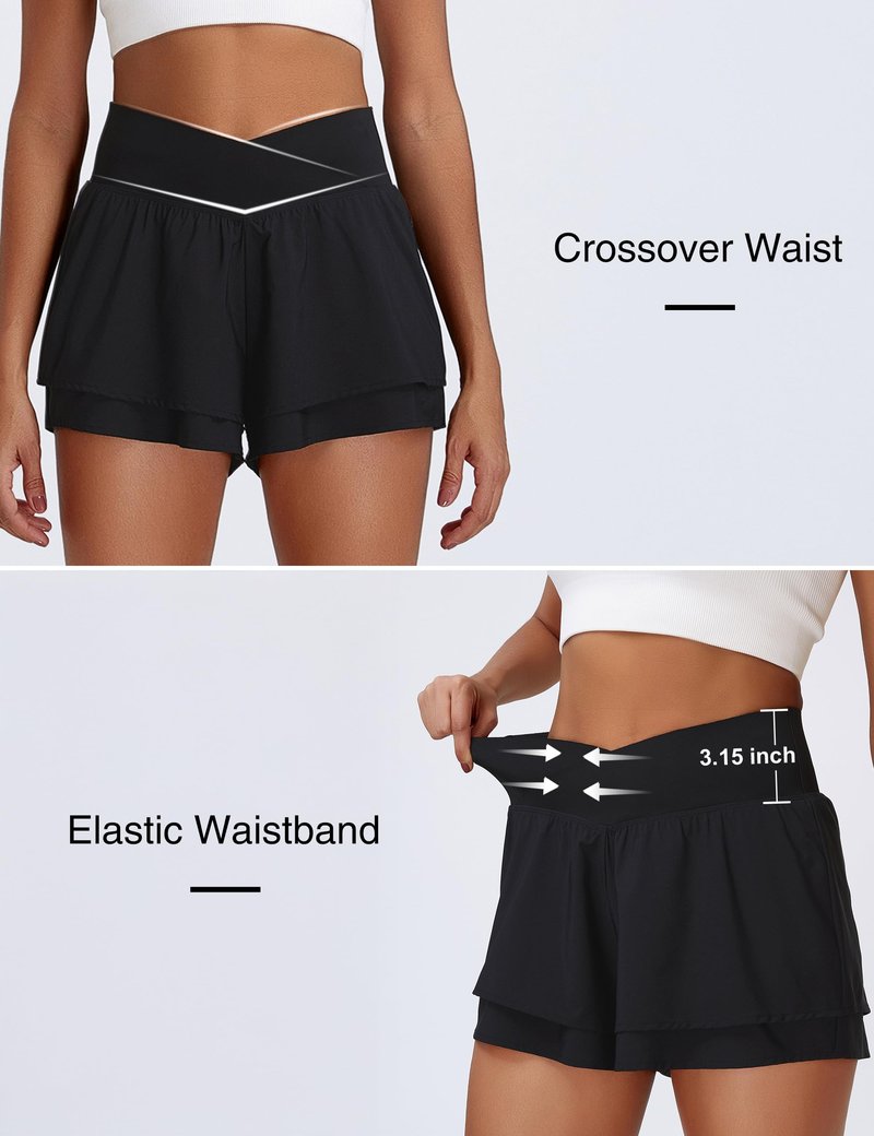BMJL Womens Athletic Running Shorts High Waisted Crossover Workout Short with Pocket 3"(M,Black)