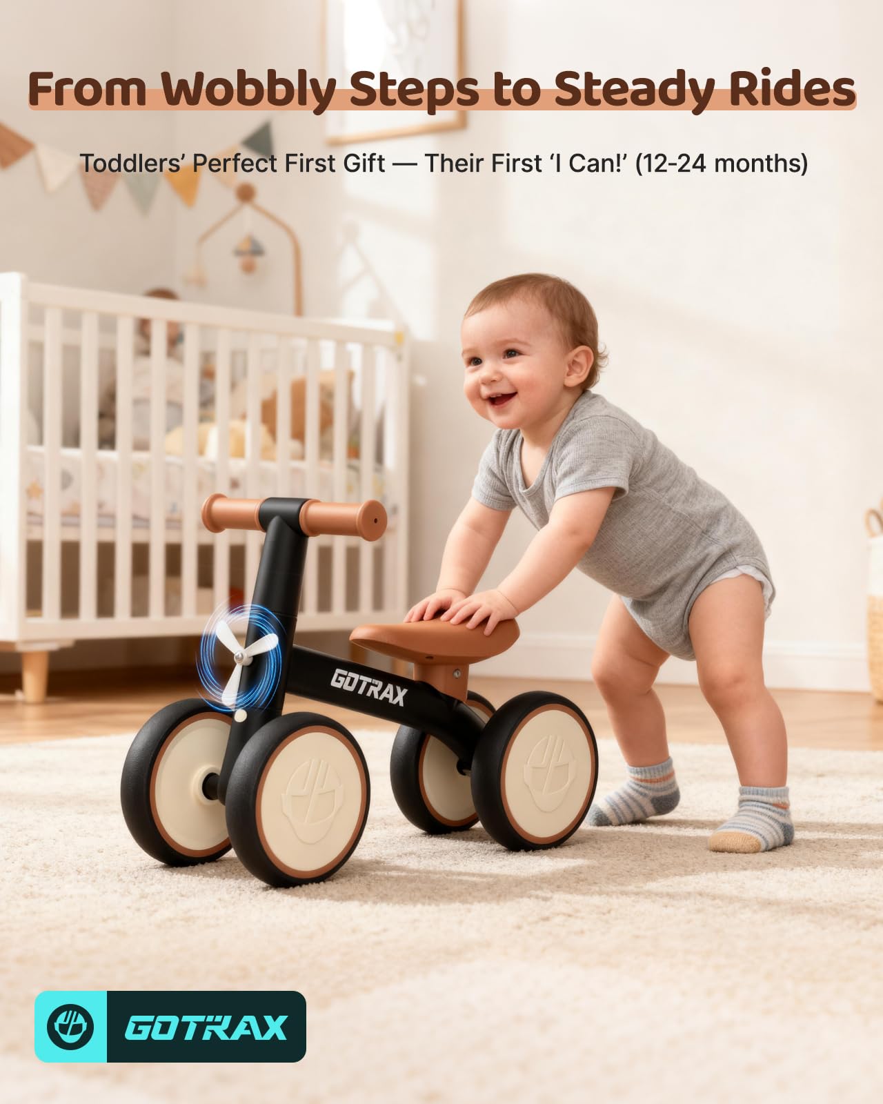 Gotrax Baby Balance Bike 1-2 Years, 7" Front&Rear Silent Wheels, Sturdy Steel Frame 66 lbs Load, Quick 2-Min Assembly, CPC Certified, Comfortable Soft Seat, Toddler Birthday Gift for Boys&Girls Black