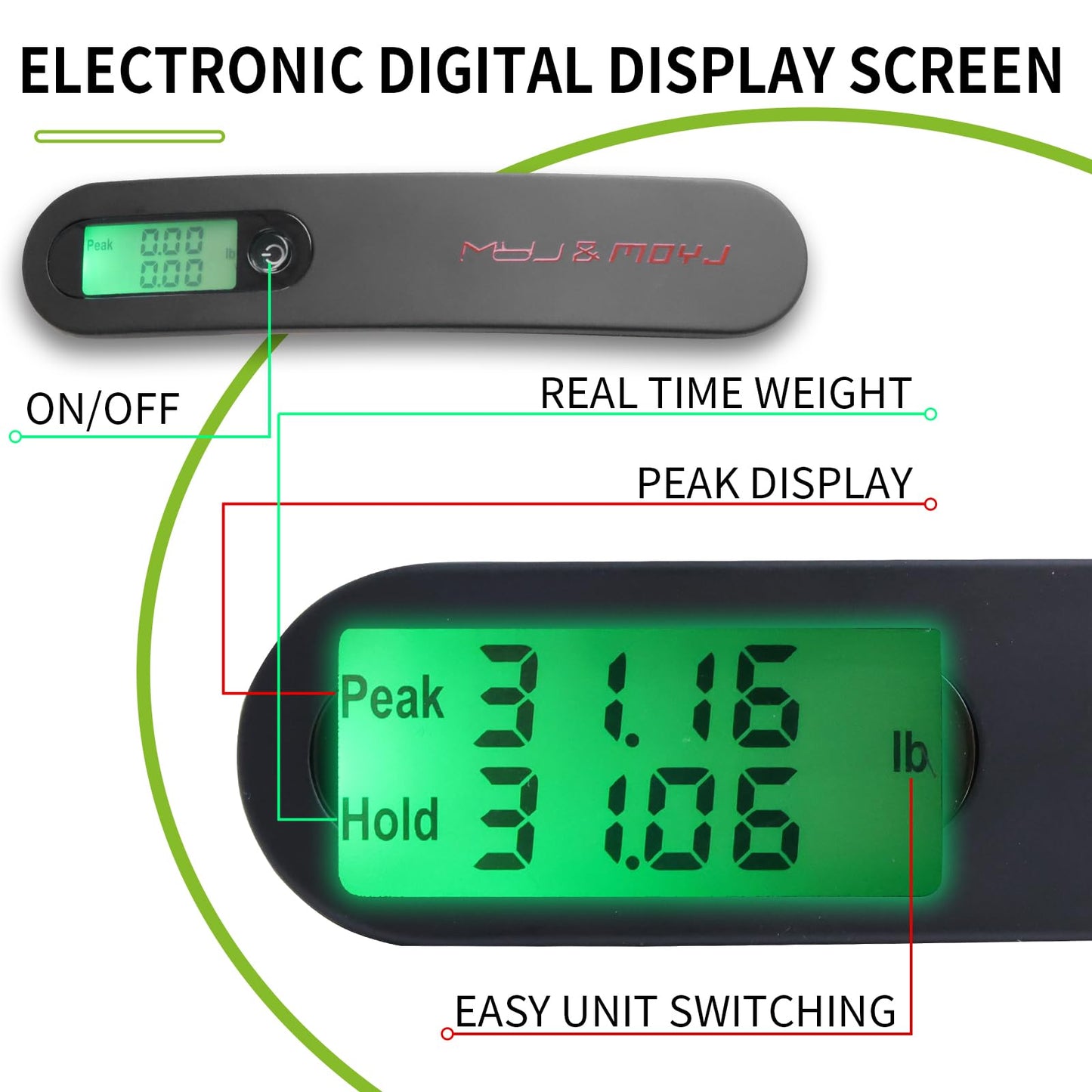 MOYJ Archery Bow Scale Recurve/Compound Bow Draw Weight 50LBS Peak/Hold kg/lb Conversions Digital LED Display