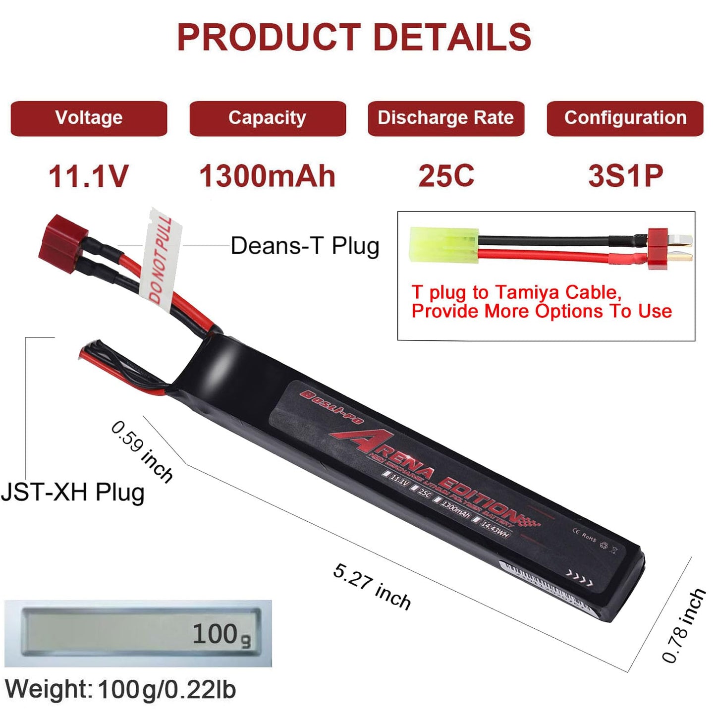 BosLi-Po 11.1V Lipo Battery Airsoft Battery 1300mAh 3S 25C Rechargeable High Capacity LiPo Battery with T Plug Connector and T Plug to Mini Tamiya Cable for Airsoft Guns