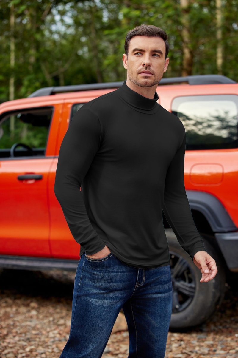 Ekouaer 3 Packs Men Turtle Neck Shirts Long Sleeve Thermal Tops Causal Lightweight Pullover Black/Khaki/White L