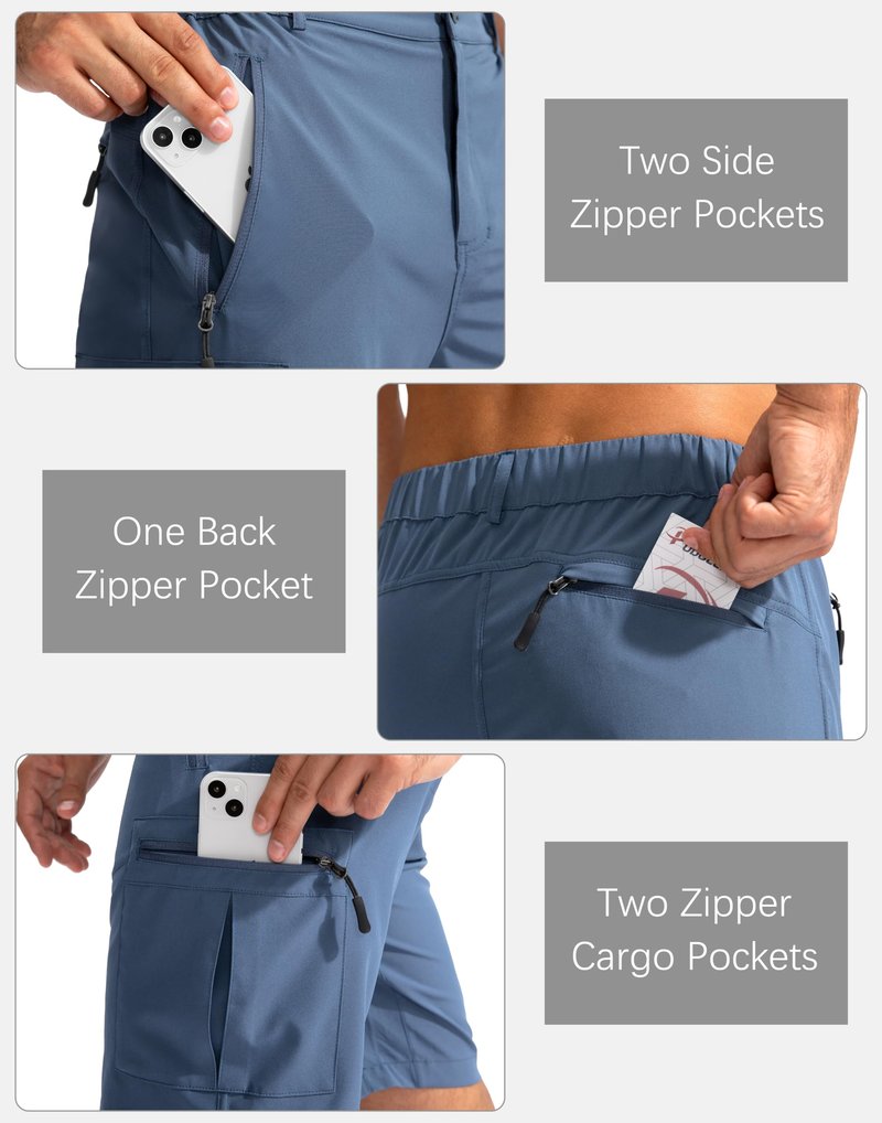 Pudolla Men's Hiking Cargo Shorts 9" Lightweight Outdoor Work Shorts for Men Travel Golf Camping Casual with 5 Zipper Pockets(Blue Large)