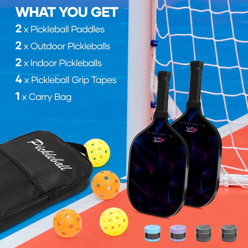 Pickleball Paddles Set of 2, Fiberglass Surface USAPA Approved Pickleball Paddle with 4 Outdoor Indoor Balls & Bag, Lightweight Pickle Ball Rackets for Women Men Kids, Idea Pickleball Gifts