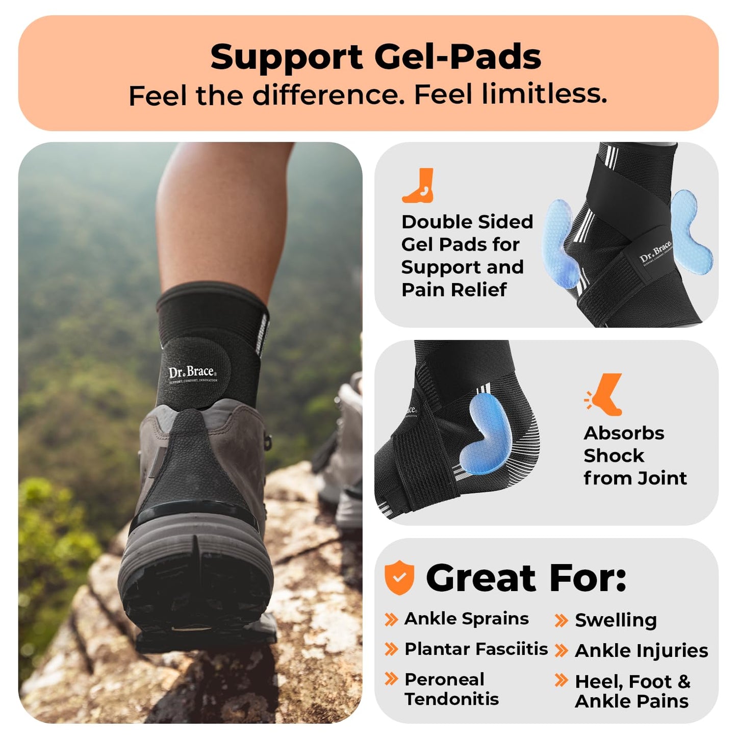 DR. BRACE® Elite Ankle Brace with Adjustable Strap and 2X Gel Pad For Ankle Support and Pain Relief, Ankle Brace For Sprained Ankle, Plantar Fasciitis, Ankle Pain (Black-White, X-Large)