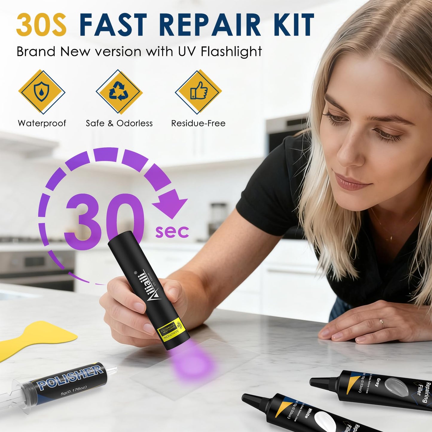 Quartz Countertop Repair Kit, Granite & Marble Repair Kit with 4*15g Filler(White,Beige, Gray,Clear), 30s Fast Repair Chip, Hole, Scratch, Crack on Fiberglass, Porcelain, Ceramic Tile, Bath Tub, Sink