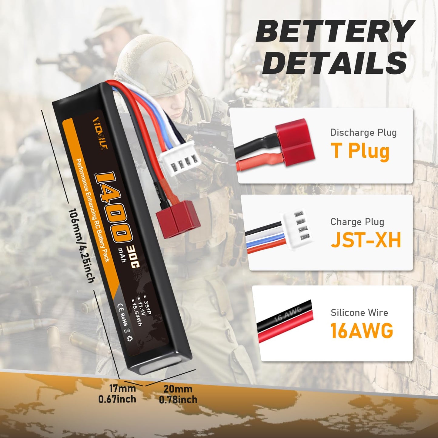 VICMILE 3S Airsoft Battery 30C 11.1V 1400mAh Dean-Style T Plug with 11.1V USB Charger Fit for Most Airsoft Model Guns Gel Water Bead Blaster