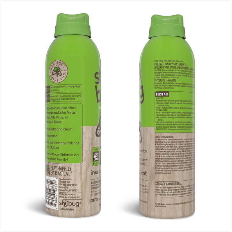 Shubug Active Insect Repellent Spray with Picaridin, DEET Free Mosquito and Tick Protection, Long Lasting Up to 12 Hours, Unscented, 6oz (Pack of 2)