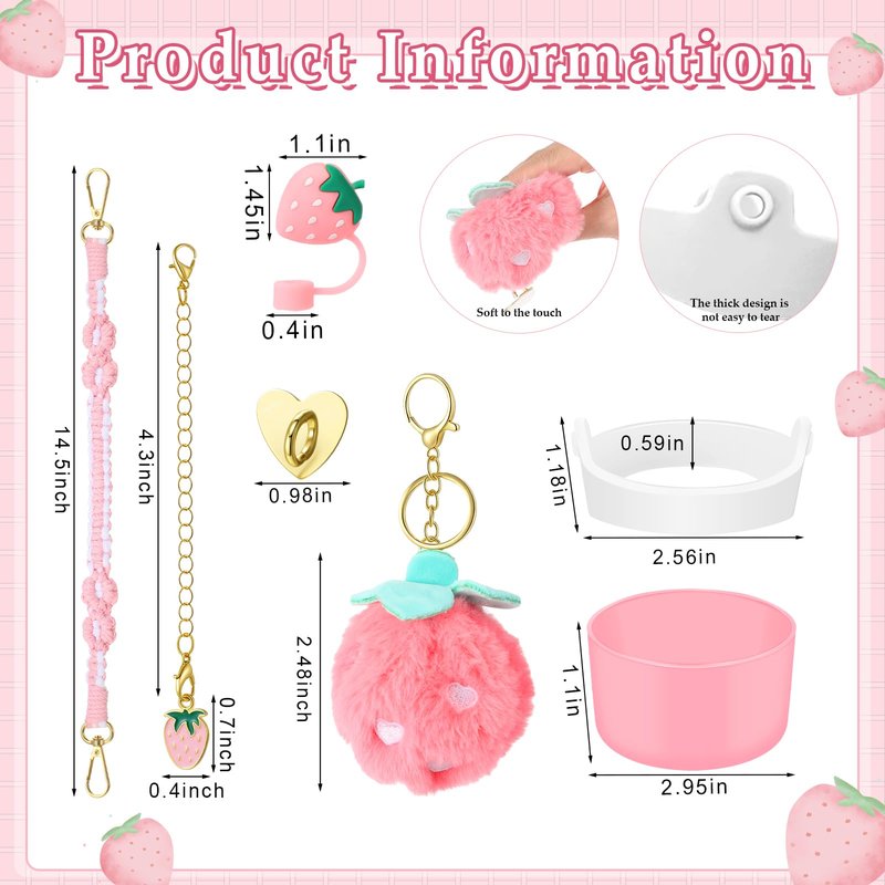Domensi 6 Pcs Pink Strawberry Accessories Set Compatible with Cup, Pink Water Bottle Handle Strap Tumbler Silicone Straw Cover Charm Strawberry Plush Keychain Gift Decoration