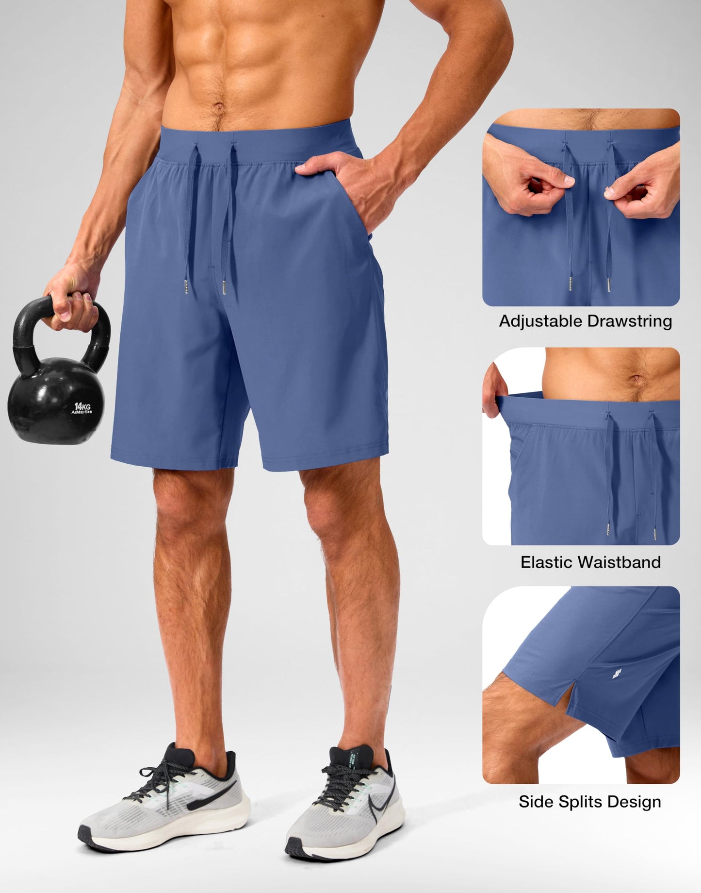 Soothfeel Men's Running Shorts with Zipper Pockets 9 Inch Lightweight Quick Dry Gym Sports Athletic Workout Basketball Shorts for Men (Blue, S)