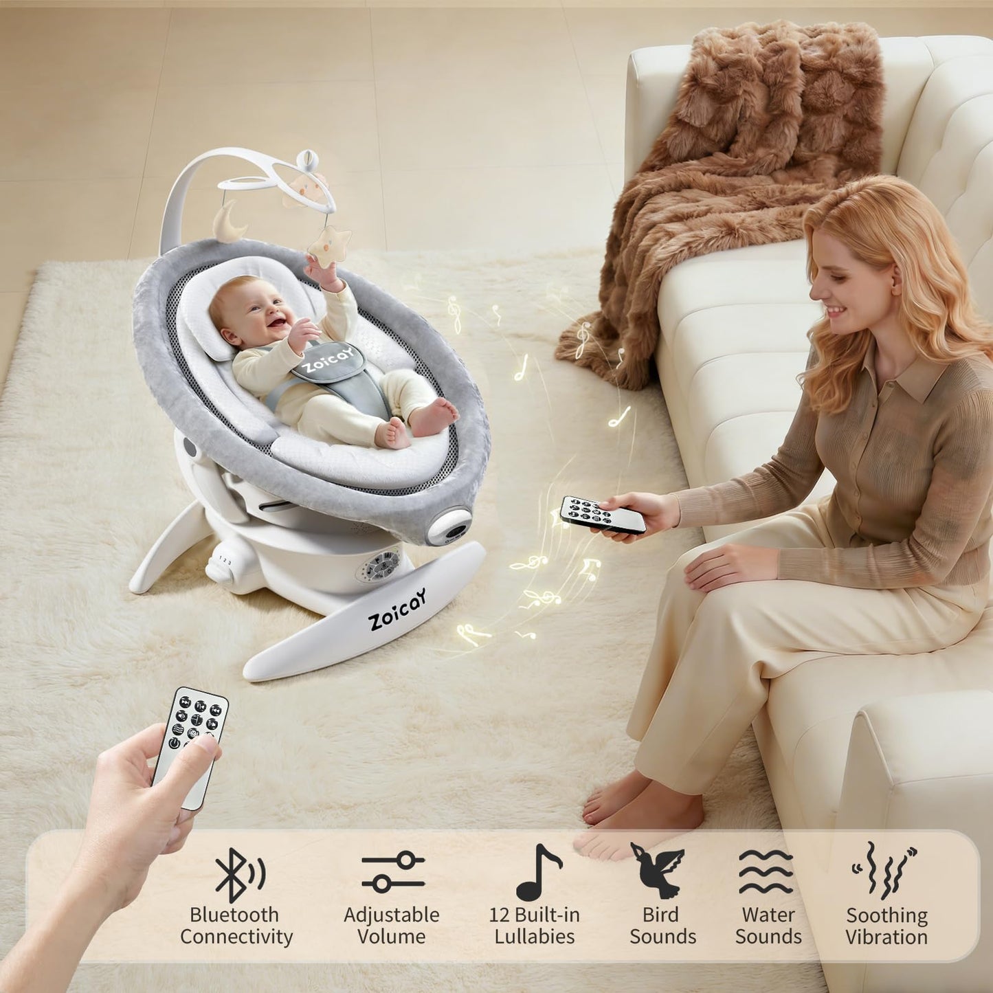 Baby Swing, 3-in-1 Baby Swings for Infants with Motion Detection & Vibration Comfort, 360° Rotating Electric Baby Swings with 5 Speeds & 3 Swing Modes, Infant Swing for Baby with 12 Preset Melodies