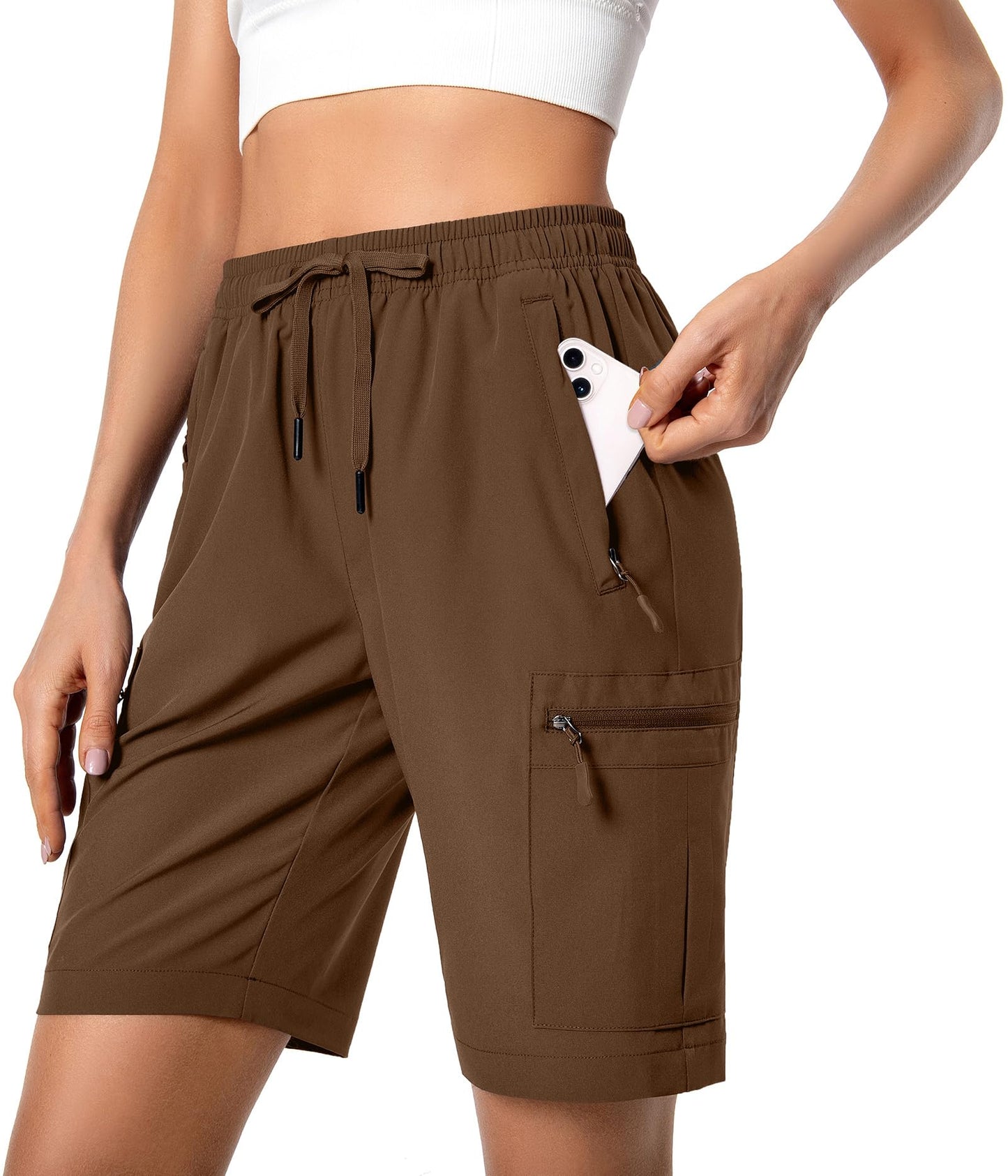 Hugut Women's Lightweight Hiking Cargo Shorts Quick Dry Athletic Shorts Camping Travel Golf Zipper Pockets Water Resistant Brown