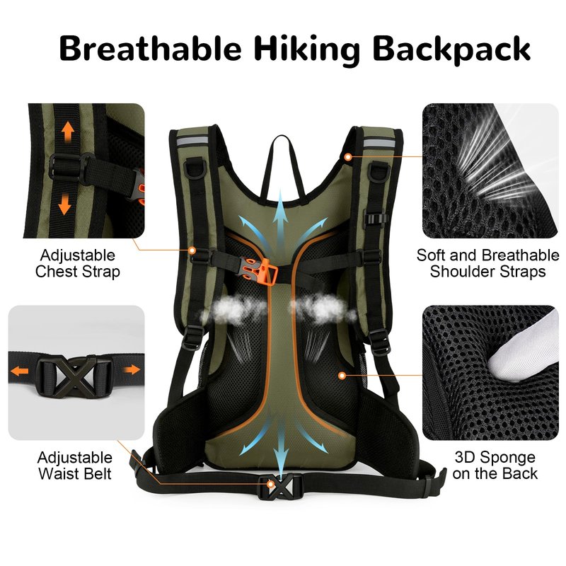 Outplea 15L Cycling Backpack with Helmet Buckle for Men Women, Small Waterproof Lightweight Bike Hiking Backpack with Chest Strap for MTB Biking Climbing, Green