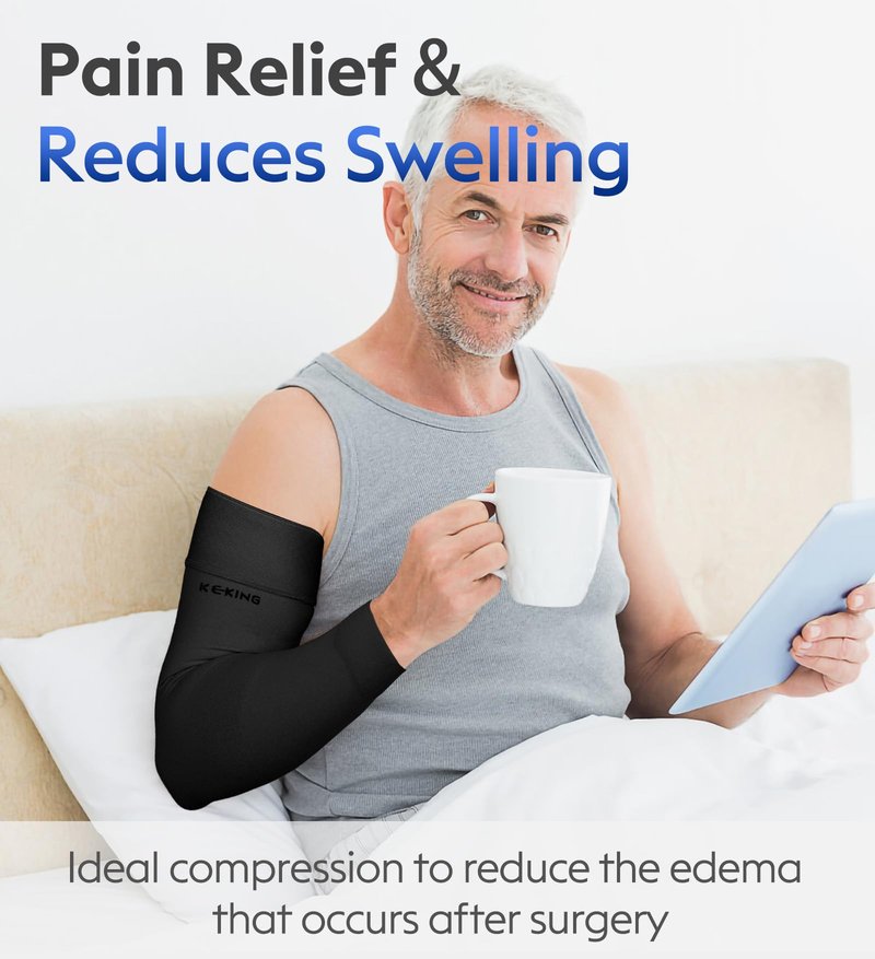 KEKING® Lymphedema Compression Arm Sleeves with Silicone Band for Men Women (Pair), 15-20 mmHg Compression Full Arm Support for Lipedema, Edema, Post Surgery Recovery, Swelling, Pain Relief, Black L